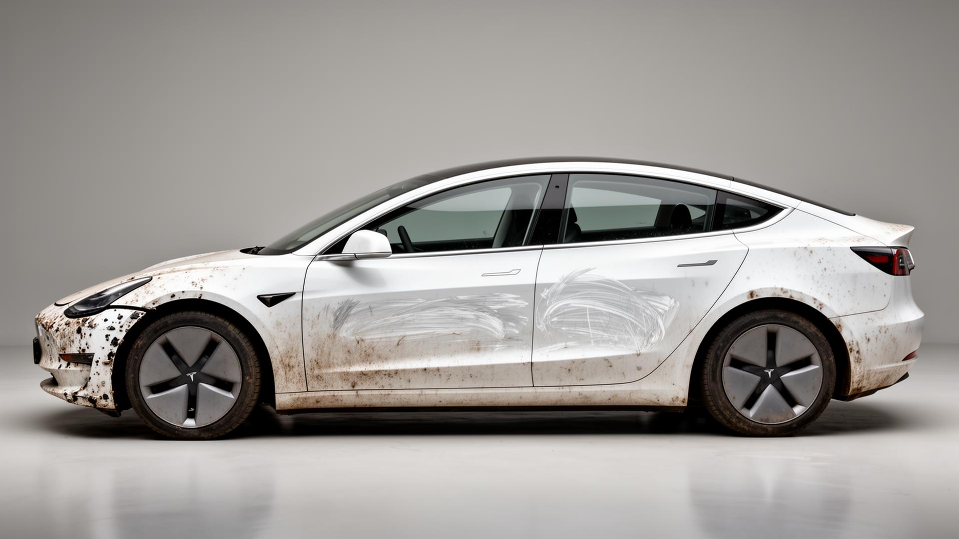 Tesla before PPF — scratches, chips and grime